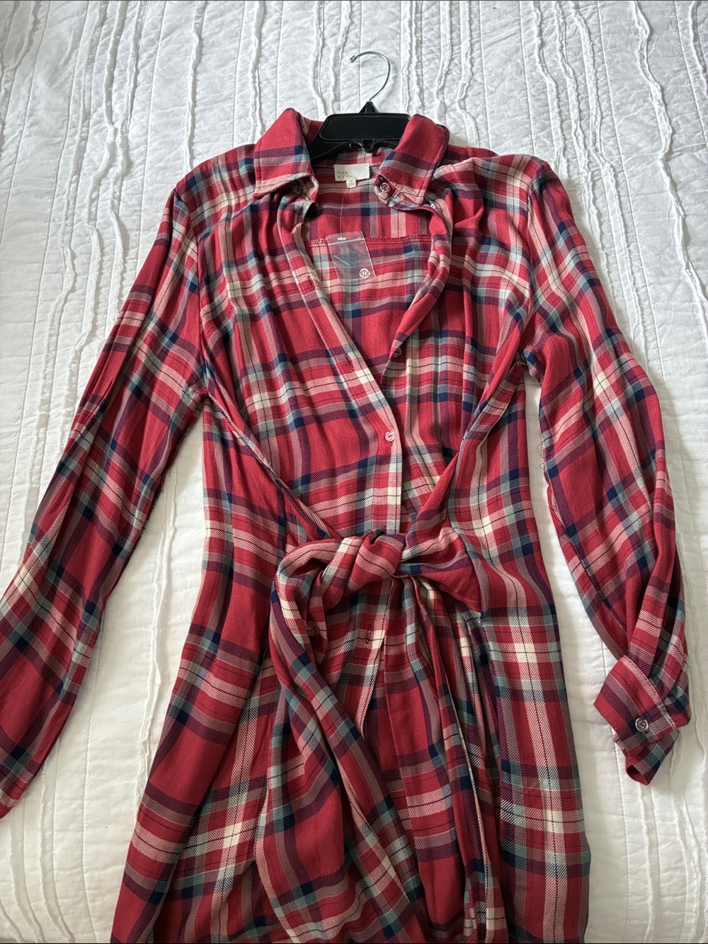 Red Plaid Long Sleeve Tie-Waist Dress